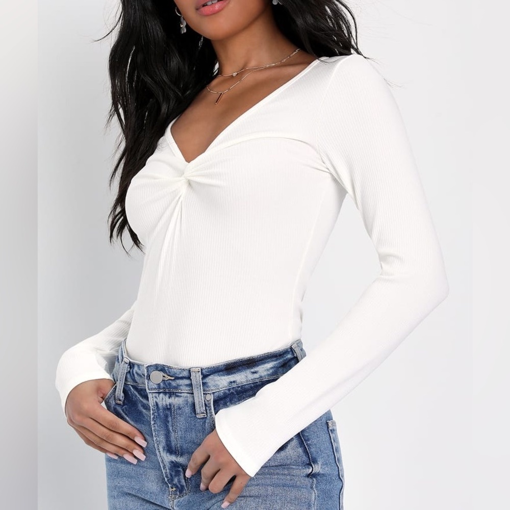 Lulu’s Optimal Style White Twist-Front Long Sleeve Bodysuit